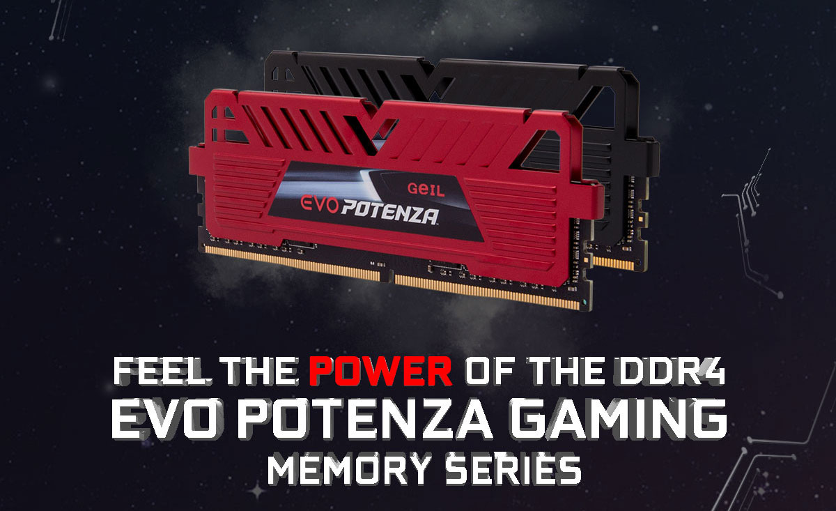 Front angel view of the GeIL EVO POTENZA DDR4 Memory, with the RAM with black heat spreader behind the one with red heat spreader   